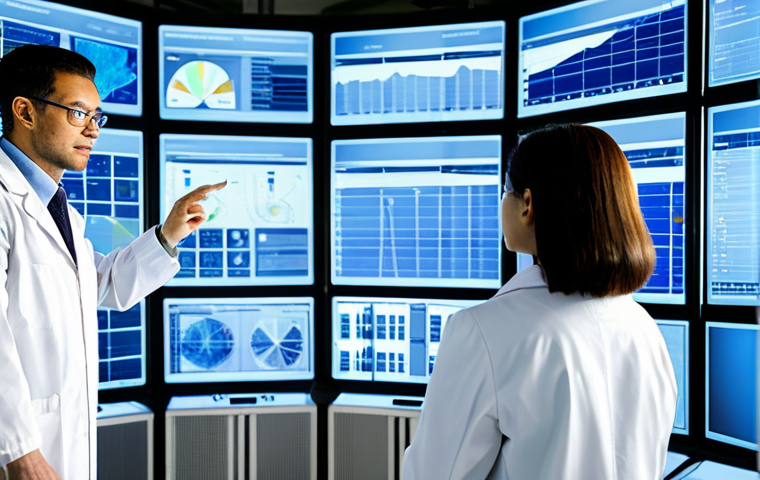 A team of diverse professional scientists and engineers, fully clothed in lab coats over professional wear, analyzing complex data on large interactive screens in a sleek, futuristic climate engineering research facility. The environment features advanced direct air capture (DAC) and bioenergy with carbon capture and storage (BECCS) machinery in the background, with gentle light filtering in. The atmosphere conveys focused innovation and the pursuit of technological solutions. Perfect anatomy, correct proportions, natural pose, well-formed hands, proper finger count, natural body proportions, professional photography, high quality, realistic, safe for work, appropriate content, modest clothing, family-friendly.