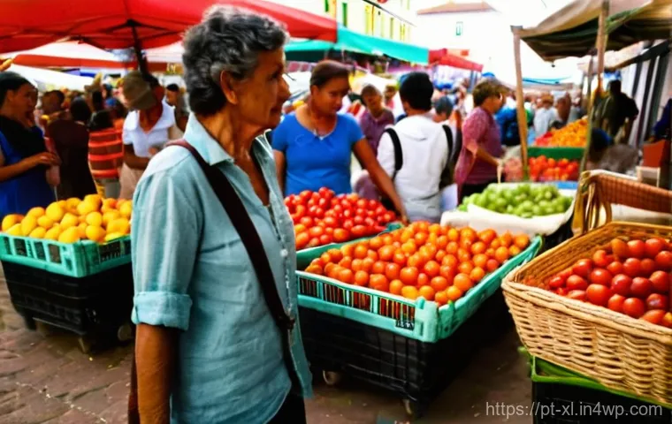 기후 변화와 윤리적 결정 과정 - **Prompt 1: Ethical Choices at a Portuguese Market**
"A candid, sun-drenched photograph of an ad...