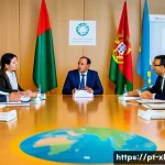 Home 18 기후 엔지니어링의 도덕적 리스크 - A diverse group of international delegates seated around a large round table in a modern conference ...
