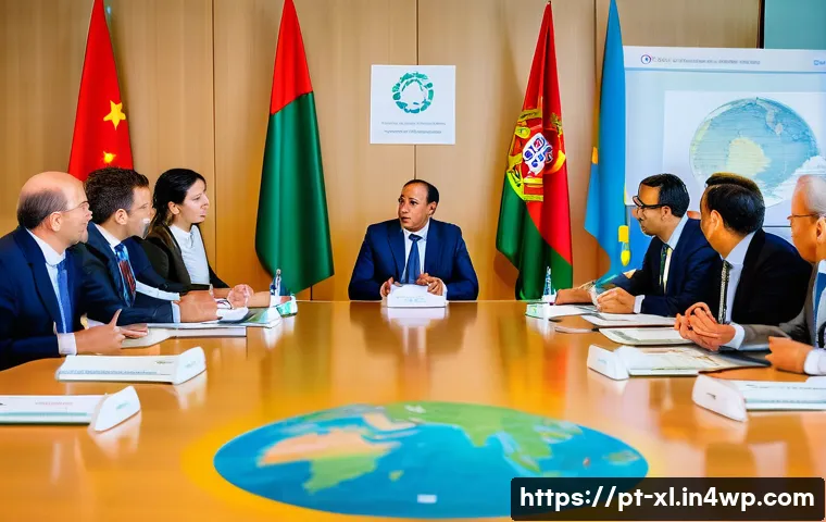 기후 엔지니어링의 도덕적 리스크 - A diverse group of international delegates seated around a large round table in a modern conference ...