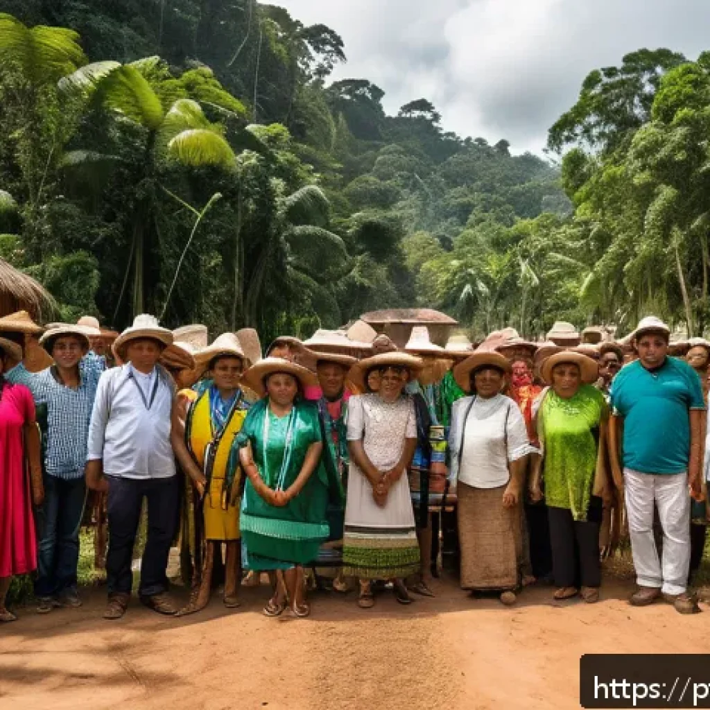 기후 엔지니어링의 사회적 합의와 윤리 - A diverse group of Brazilian community members gathered outdoors in a lush Amazonian village setting...