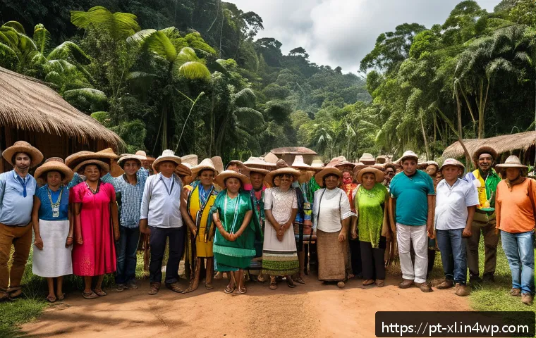 기후 엔지니어링의 사회적 합의와 윤리 - A diverse group of Brazilian community members gathered outdoors in a lush Amazonian village setting...
