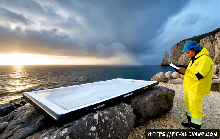 Home 17 기후 엔지니어링의 논란과 윤리적 반박 - Photorealistic wide-angle view of a coastal climate engineering research site in Portugal, a sleek o...