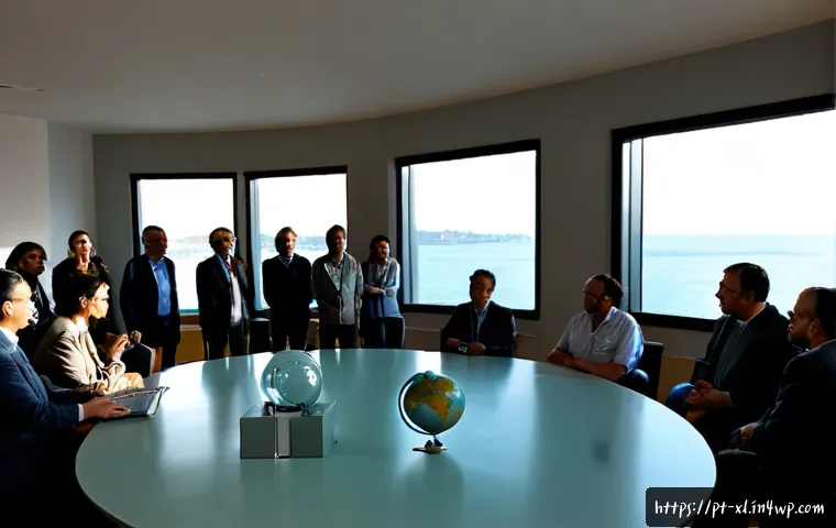 Home 17 기후 엔지니어링의 투명성 문제 - Photorealistic editorial scene of a transparent climate engineering oversight meeting in Lisbon, Por...